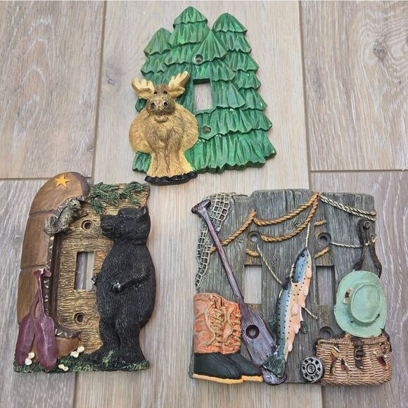 Vintage Cabin Themed Decorative Light Switch Covers Bear Moose Fishing Trees - Picture 1 of 12
